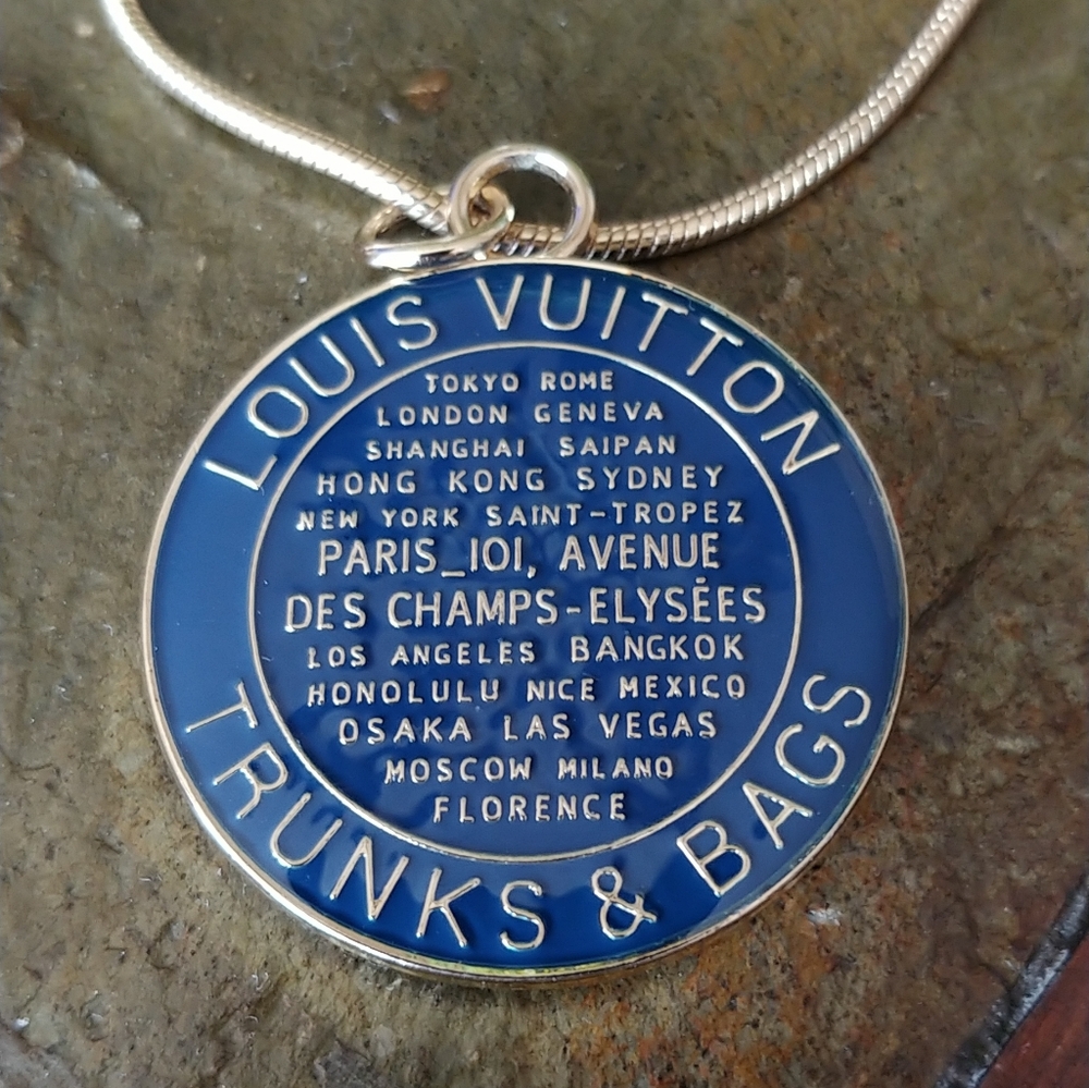 Louis Vuitton Blue Round 'Trunks & Bags' Enamel Pendant Necklace & Free Gift!!!!